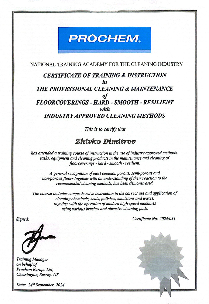 Commercial Cleaning in Tunbridge Wells certificate